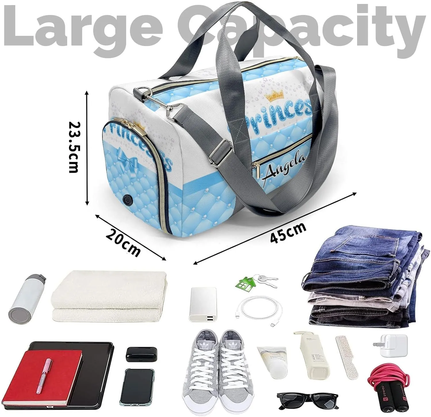 Personalized Diamond Princess Crown Bow Customized Multi-functional Handbag Travel Bag,Unisex Short Trip Portable Duffel Bag