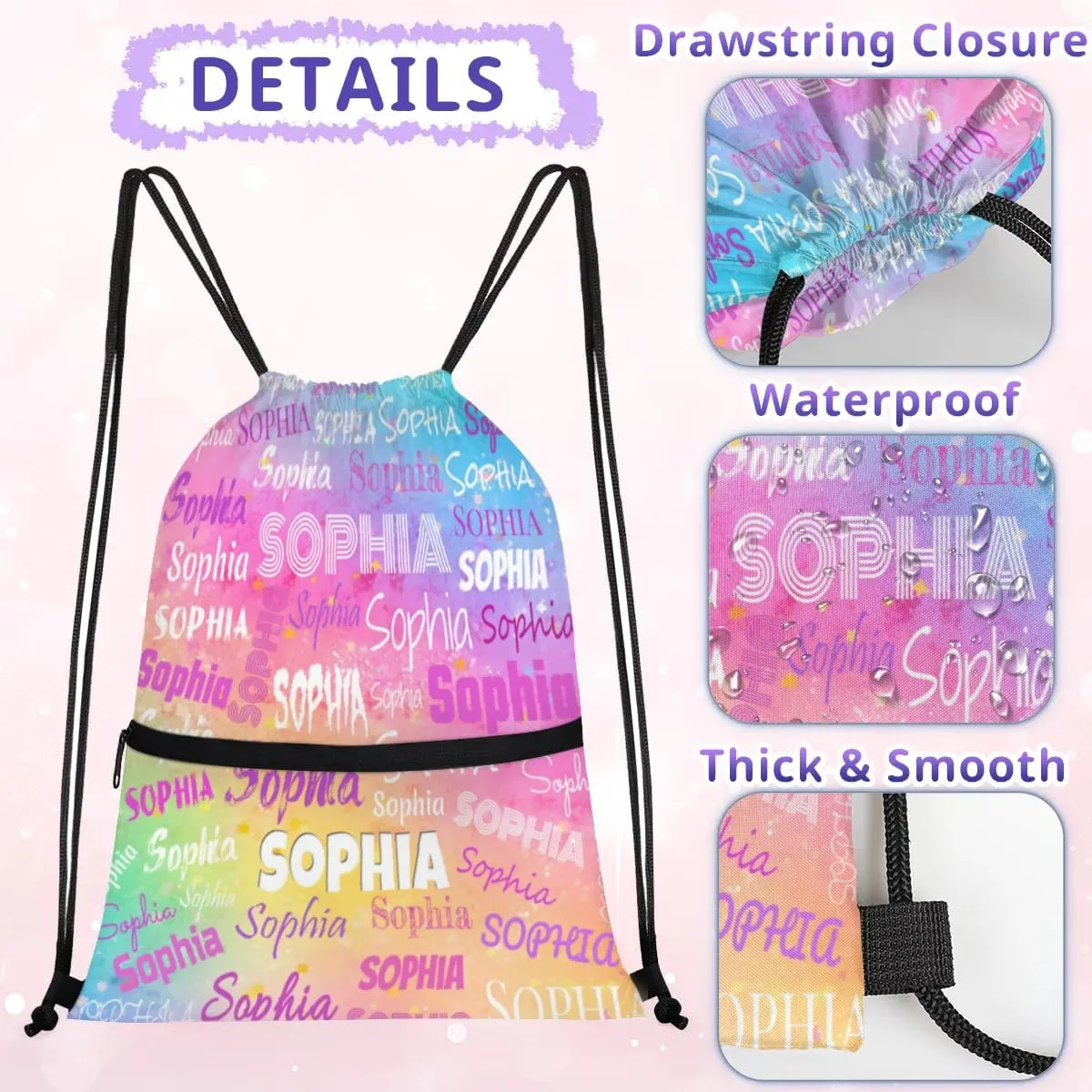 Personalized Drawstring Gym Bag Backpack, Draw String Sport Gym Bag Swimming Outdoor Overnight Backpack, Colorful Pink Watercolor