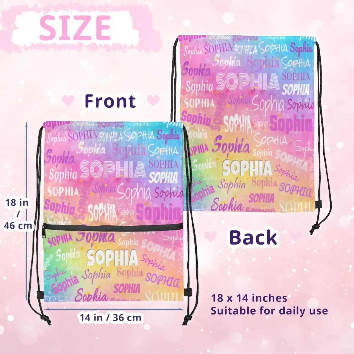 Personalized Drawstring Gym Bag Backpack, Draw String Sport Gym Bag Swimming Outdoor Overnight Backpack, Colorful Pink Watercolor
