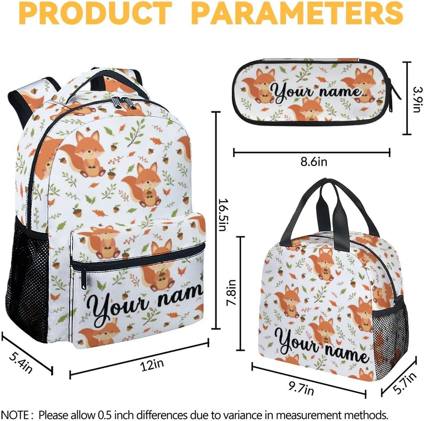 Personalized Fox Backpack with Lunch Box and Pencil Case for Girls Boys, 16 Inch School Bookbag with Adjustable Straps, Travel Bag Durable, Lightweight, Large Capacity