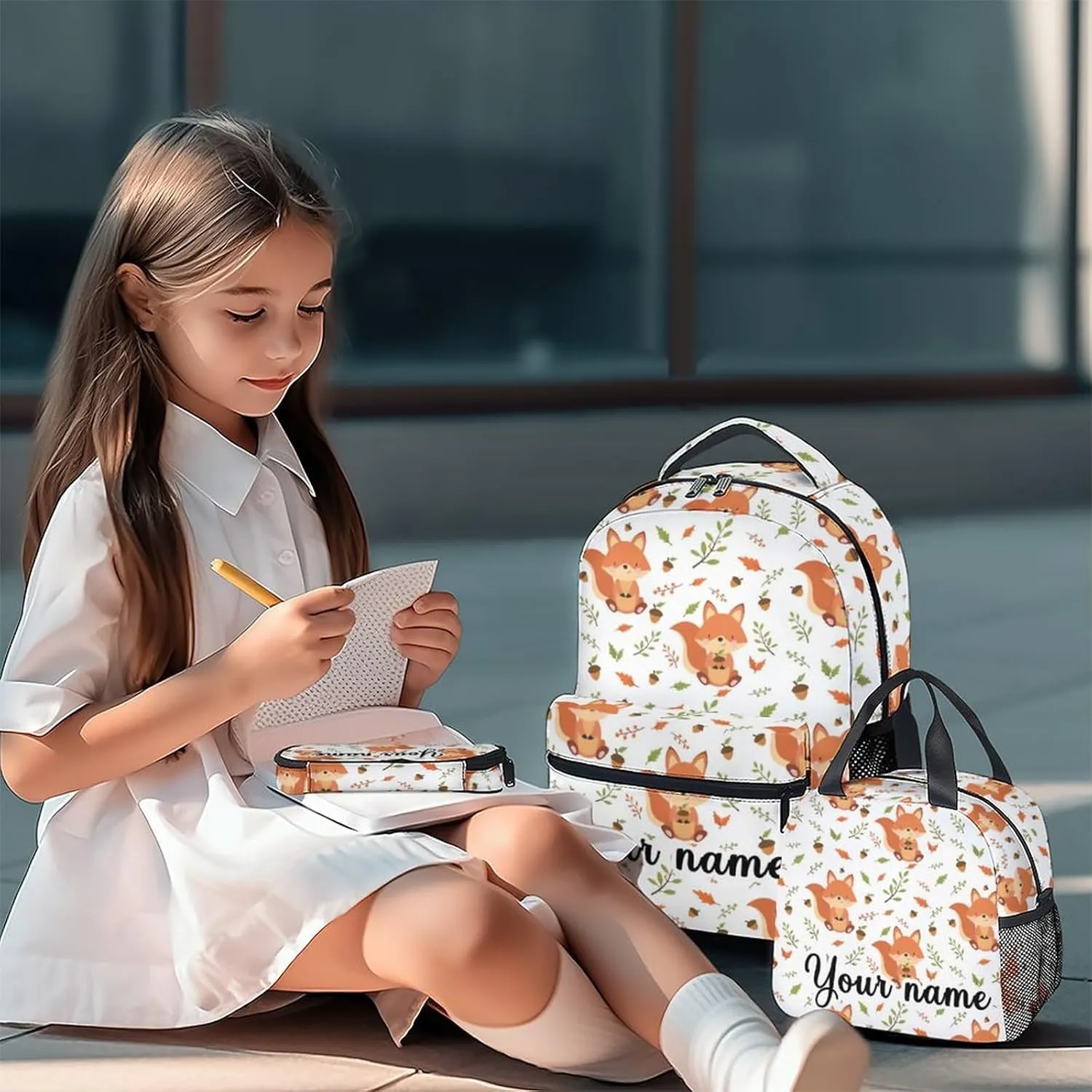 Personalized Fox Backpack with Lunch Box and Pencil Case for Girls Boys, 16 Inch School Bookbag with Adjustable Straps, Travel Bag Durable, Lightweight, Large Capacity
