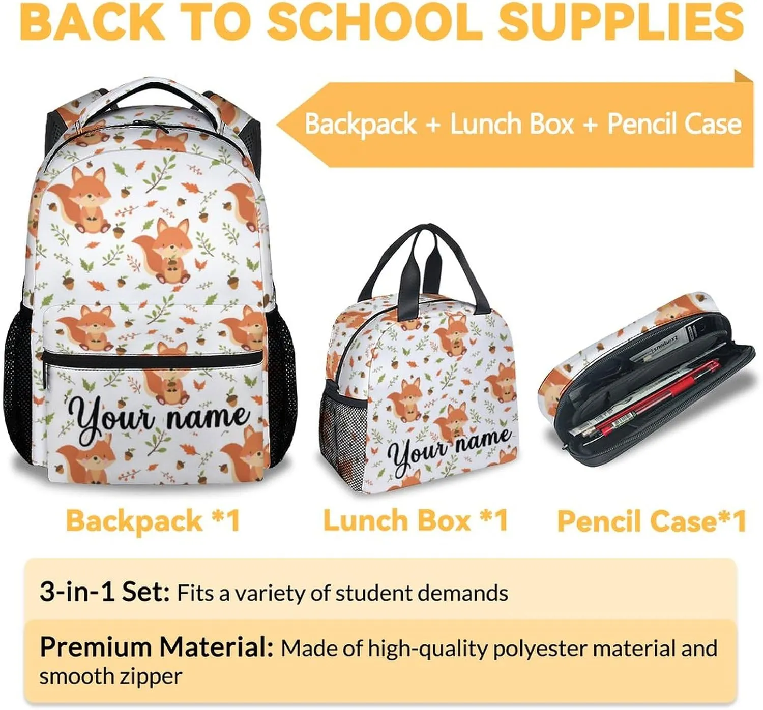 Personalized Fox Backpack with Lunch Box and Pencil Case for Girls Boys, 16 Inch School Bookbag with Adjustable Straps, Travel Bag Durable, Lightweight, Large Capacity