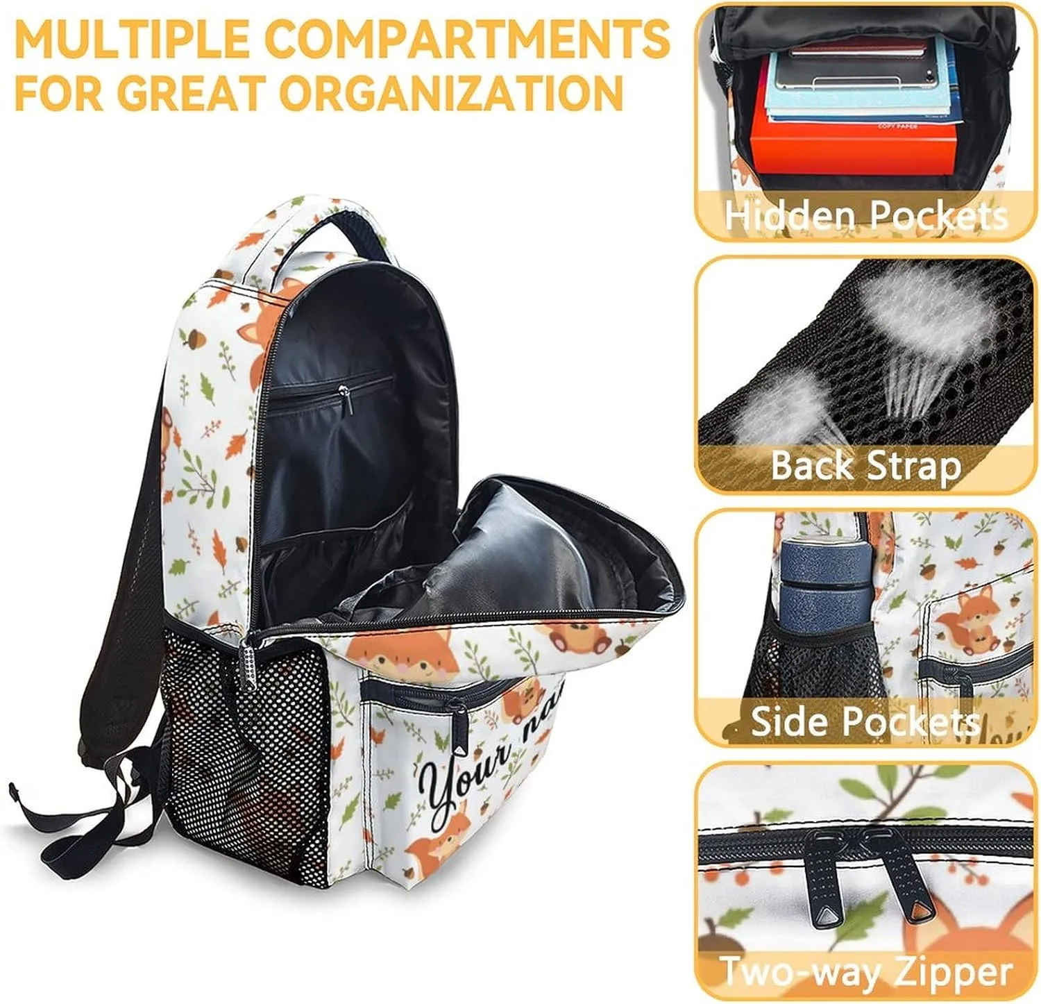 Personalized Fox Backpack with Lunch Box and Pencil Case for Girls Boys, 16 Inch School Bookbag with Adjustable Straps, Travel Bag Durable, Lightweight, Large Capacity