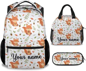 Personalized Fox Backpack with Lunch Box and Pencil Case for Girls Boys, 16 Inch School Bookbag with Adjustable Straps, Travel Bag Durable, Lightweight, Large Capacity