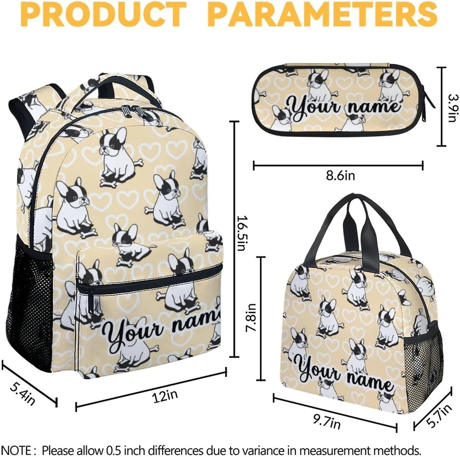 Personalized French Bulldog Backpack with Lunch Box and Pencil Case for Girls Boys, 16 Inch School Bookbag with Adjustable Straps, Travel Bag Durable, Lightweight, Large Capacity