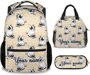 Personalized French Bulldog Backpack with Lunch Box and Pencil Case for Girls Boys, 16 Inch School Bookbag with Adjustable Straps, Travel Bag Durable, Lightweight, Large Capacity