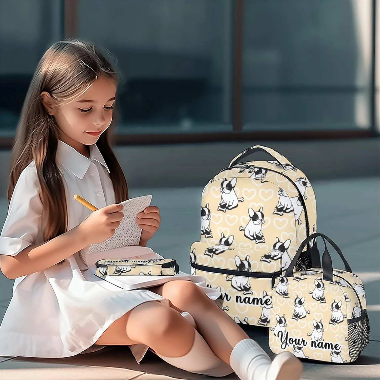 Personalized French Bulldog Backpack with Lunch Box and Pencil Case for Girls Boys, 16 Inch School Bookbag with Adjustable Straps, Travel Bag Durable, Lightweight, Large Capacity