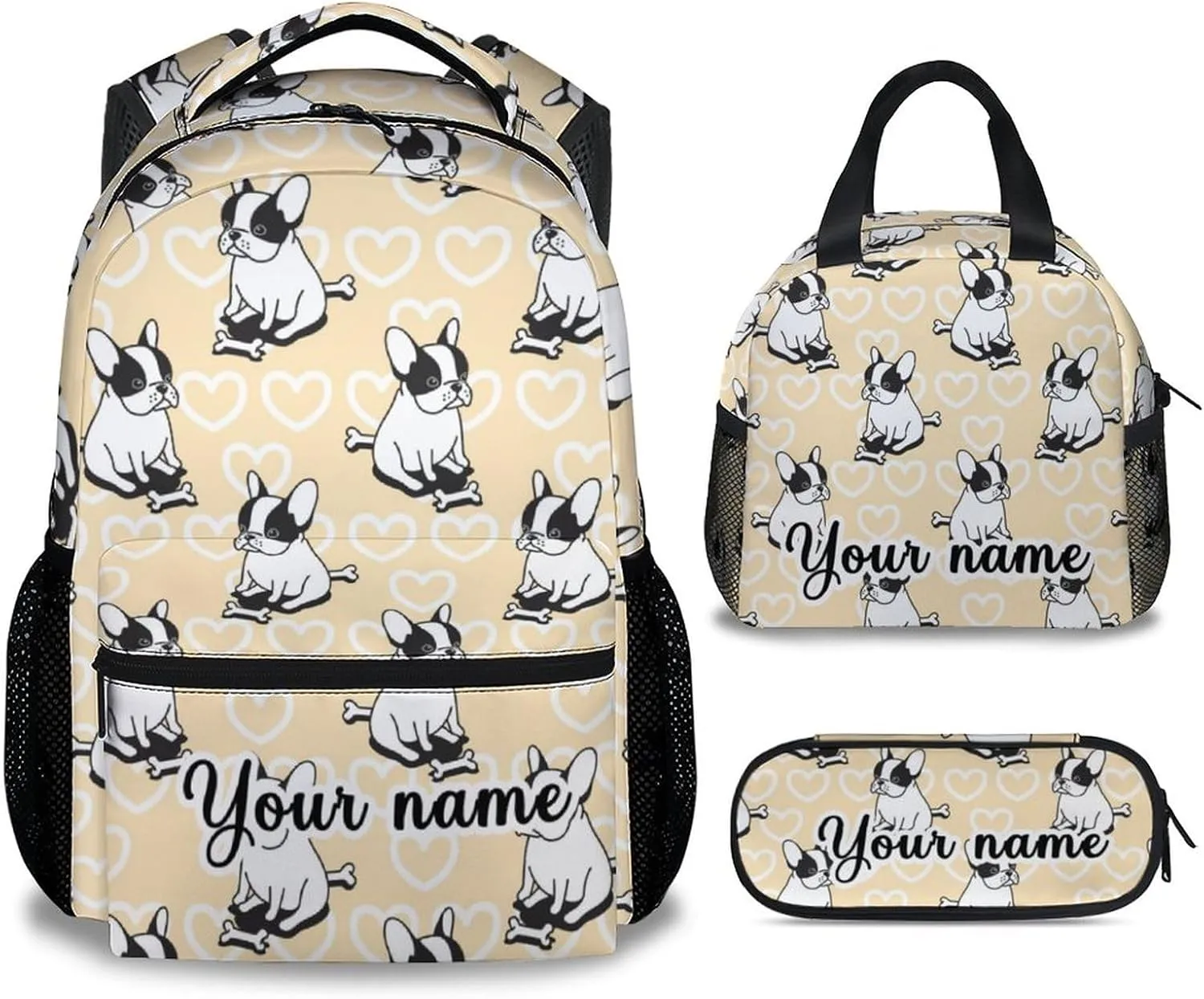 Personalized French Bulldog Backpack with Lunch Box and Pencil Case for Girls Boys, 16 Inch School Bookbag with Adjustable Straps, Travel Bag Durable, Lightweight, Large Capacity