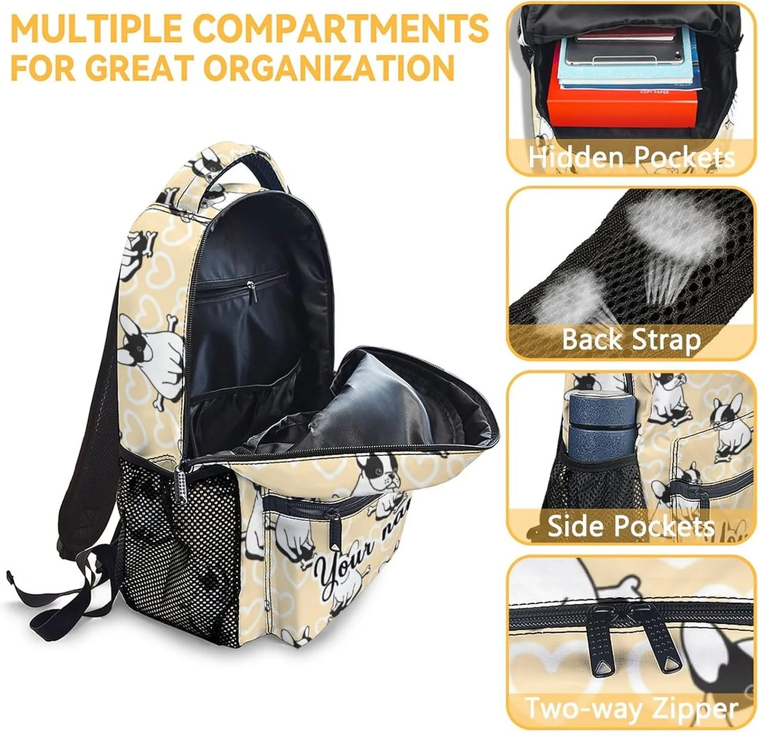 Personalized French Bulldog Backpack with Lunch Box and Pencil Case for Girls Boys, 16 Inch School Bookbag with Adjustable Straps, Travel Bag Durable, Lightweight, Large Capacity