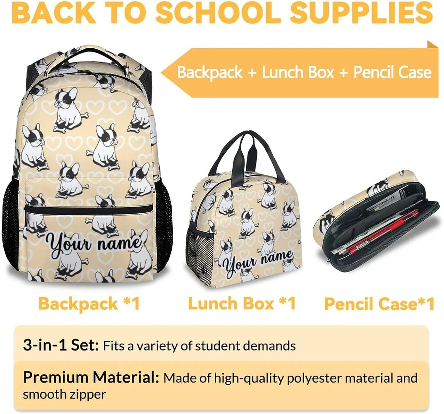Personalized French Bulldog Backpack with Lunch Box and Pencil Case for Girls Boys, 16 Inch School Bookbag with Adjustable Straps, Travel Bag Durable, Lightweight, Large Capacity