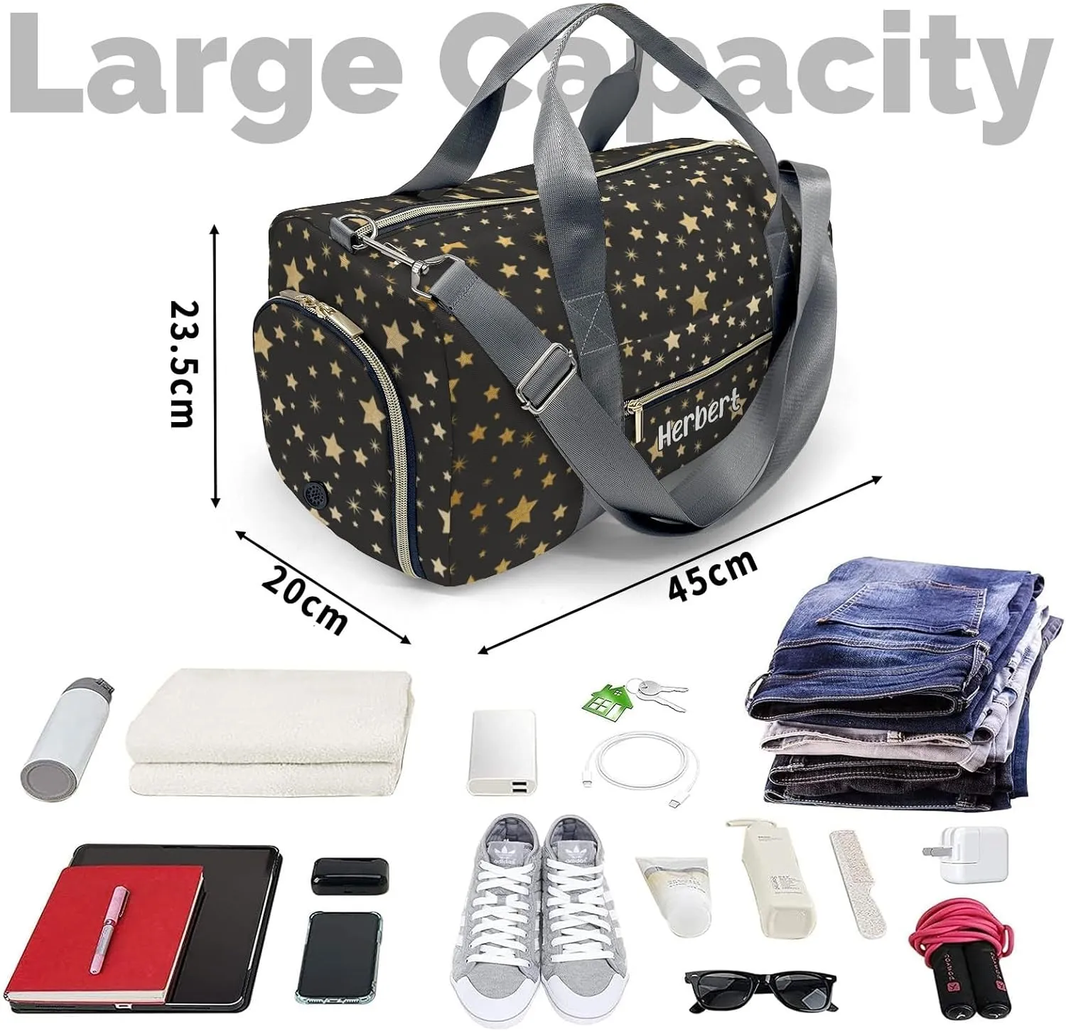 Personalized Glod Star Custom Multi-functional Travel Bag, Unisex Portable Duffel Bag, Short Distance Travel Assistant