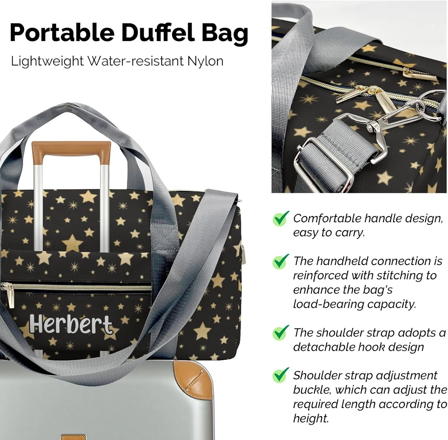 Personalized Glod Star Custom Multi-functional Travel Bag, Unisex Portable Duffel Bag, Short Distance Travel Assistant