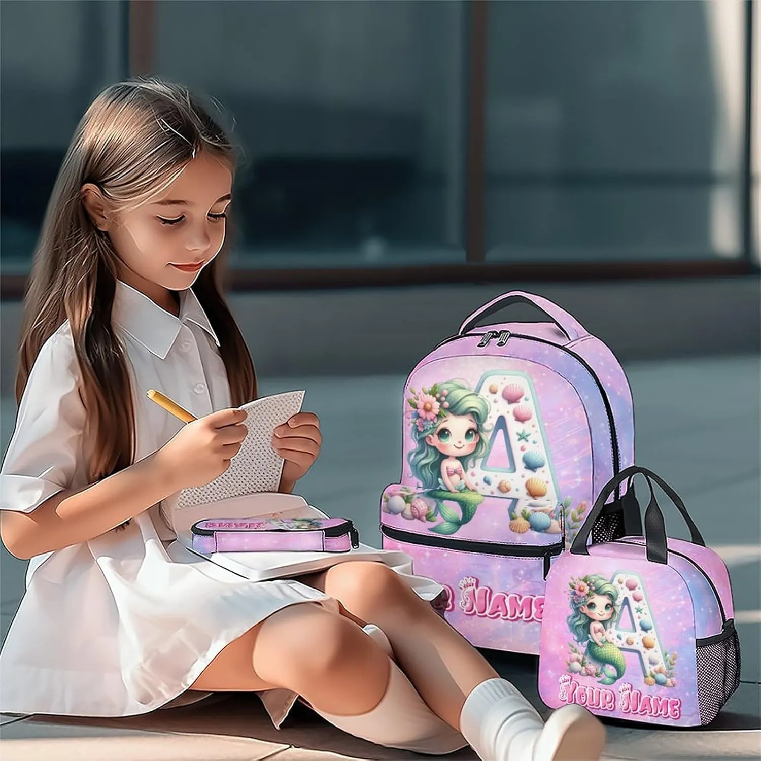 Personalized Kids Backpack Set for School, Mermaid Backpack for Girls, Custom Initial Name Bookbag with Lunch Box and Pencil Case, 17 Inch Cute Monogram Bookbags