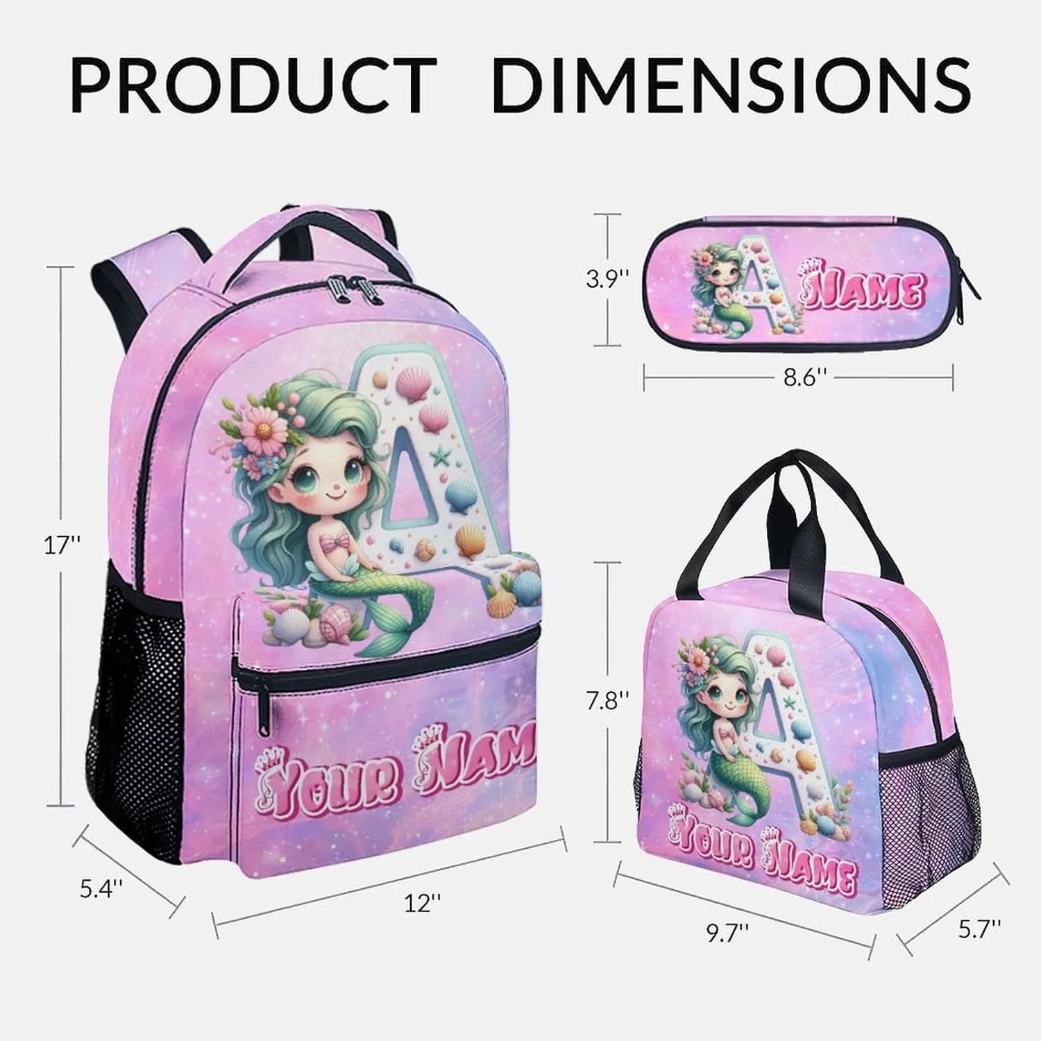 Personalized Kids Backpack Set for School, Mermaid Backpack for Girls, Custom Initial Name Bookbag with Lunch Box and Pencil Case, 17 Inch Cute Monogram Bookbags