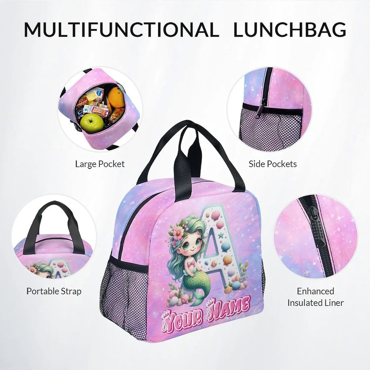 Personalized Kids Backpack Set for School, Mermaid Backpack for Girls, Custom Initial Name Bookbag with Lunch Box and Pencil Case, 17 Inch Cute Monogram Bookbags