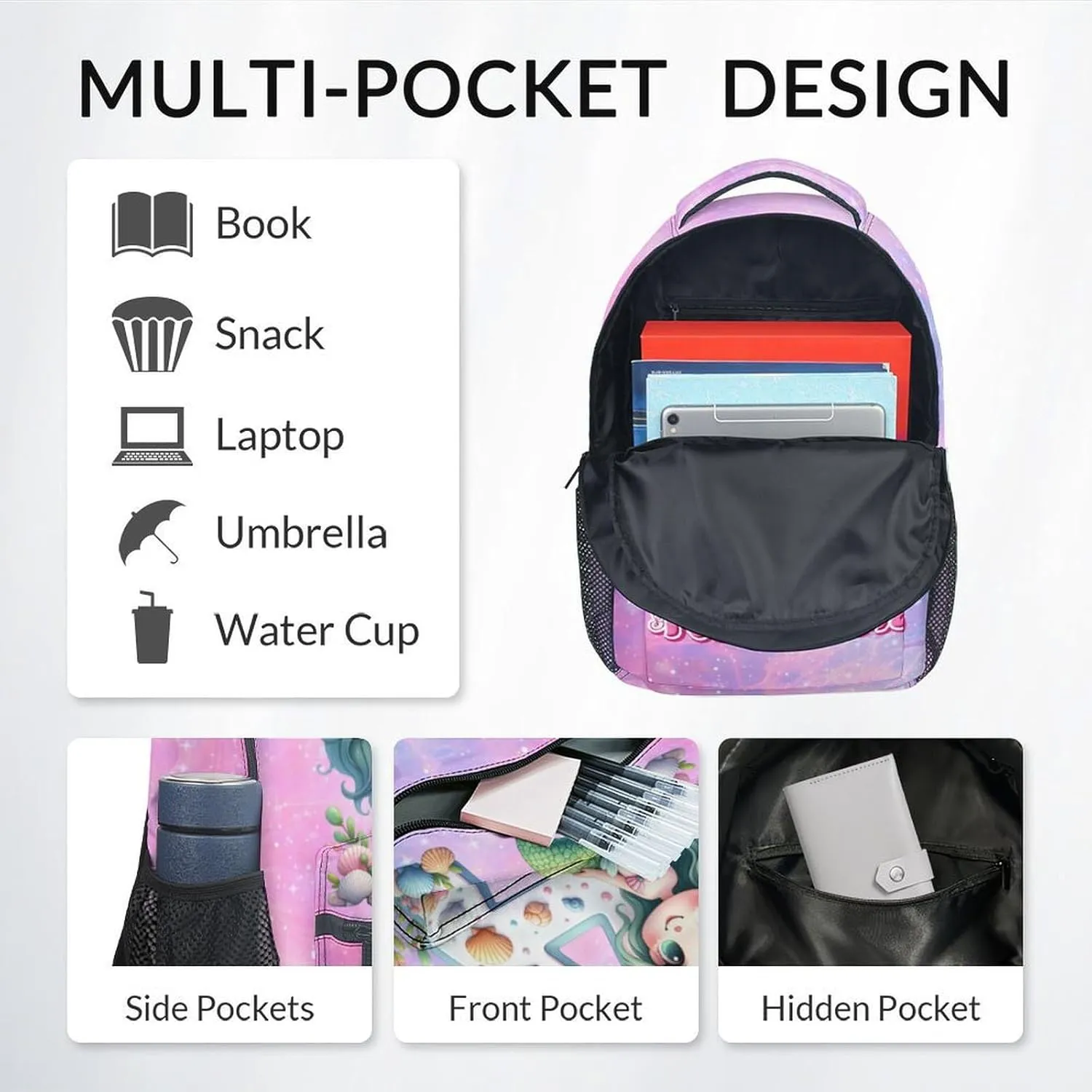 Personalized Kids Backpack Set for School, Mermaid Backpack for Girls, Custom Initial Name Bookbag with Lunch Box and Pencil Case, 17 Inch Cute Monogram Bookbags