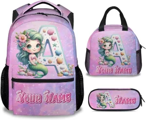 Personalized Kids Backpack Set for School, Mermaid Backpack for Girls, Custom Initial Name Bookbag with Lunch Box and Pencil Case, 17 Inch Cute Monogram Bookbags