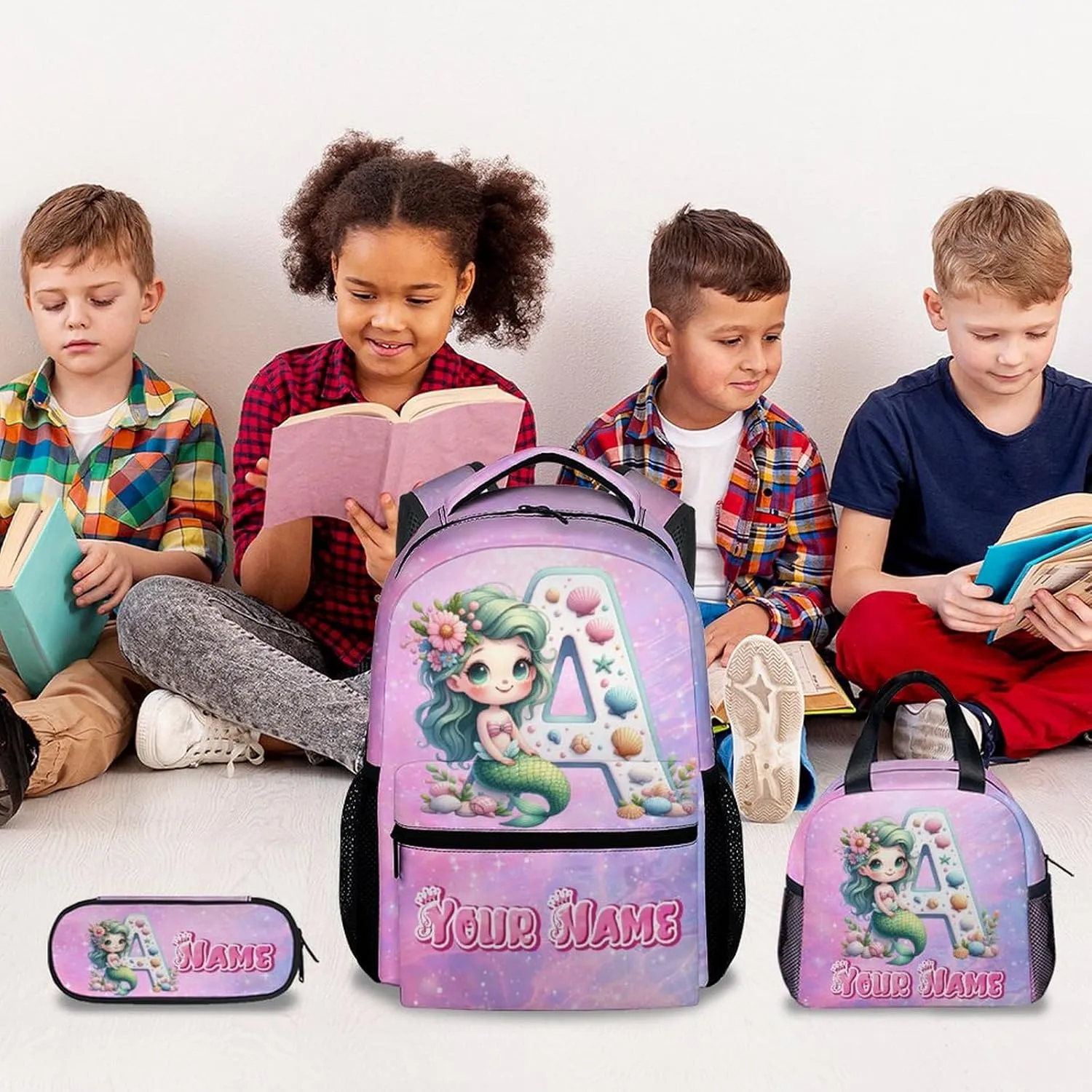 Personalized Kids Backpack Set for School, Mermaid Backpack for Girls, Custom Initial Name Bookbag with Lunch Box and Pencil Case, 17 Inch Cute Monogram Bookbags