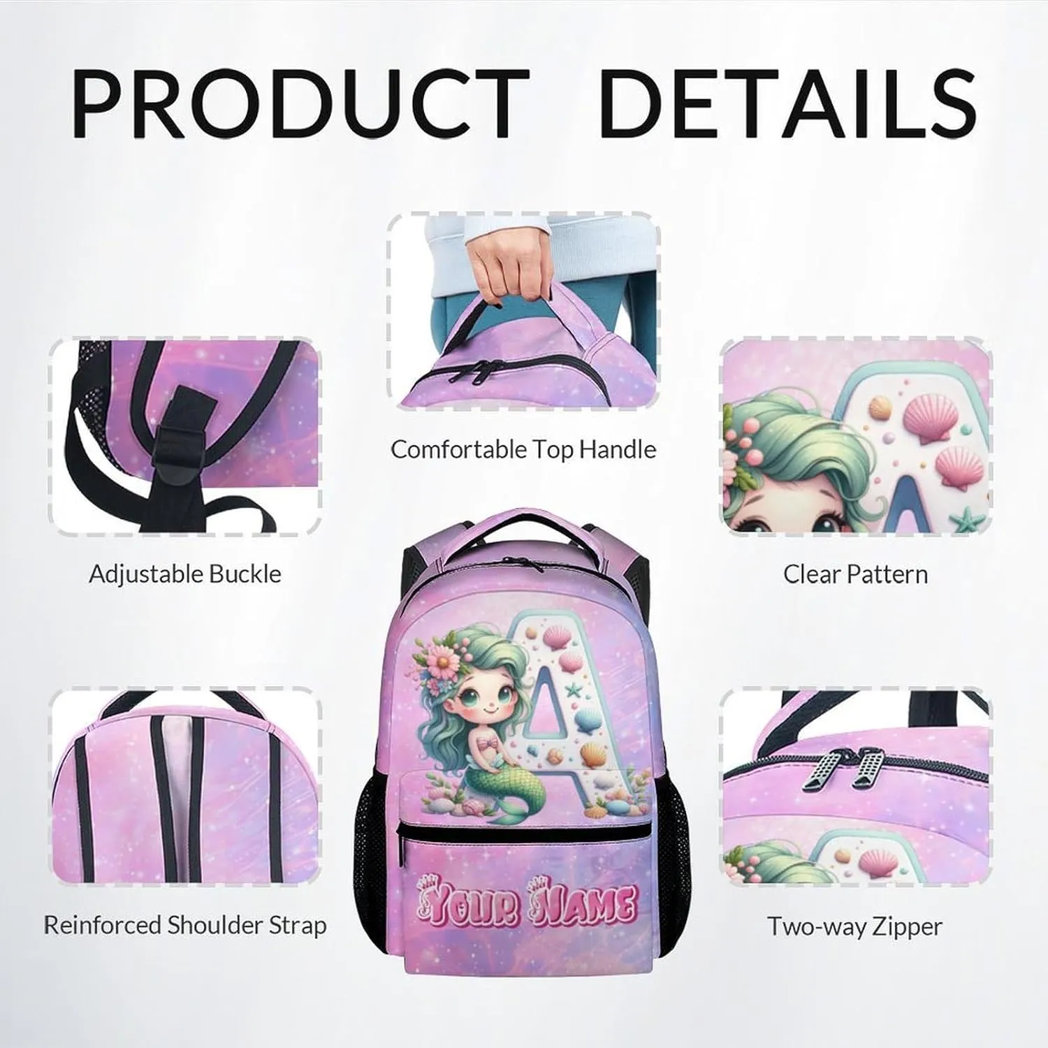 Personalized Kids Backpack Set for School, Mermaid Backpack for Girls, Custom Initial Name Bookbag with Lunch Box and Pencil Case, 17 Inch Cute Monogram Bookbags