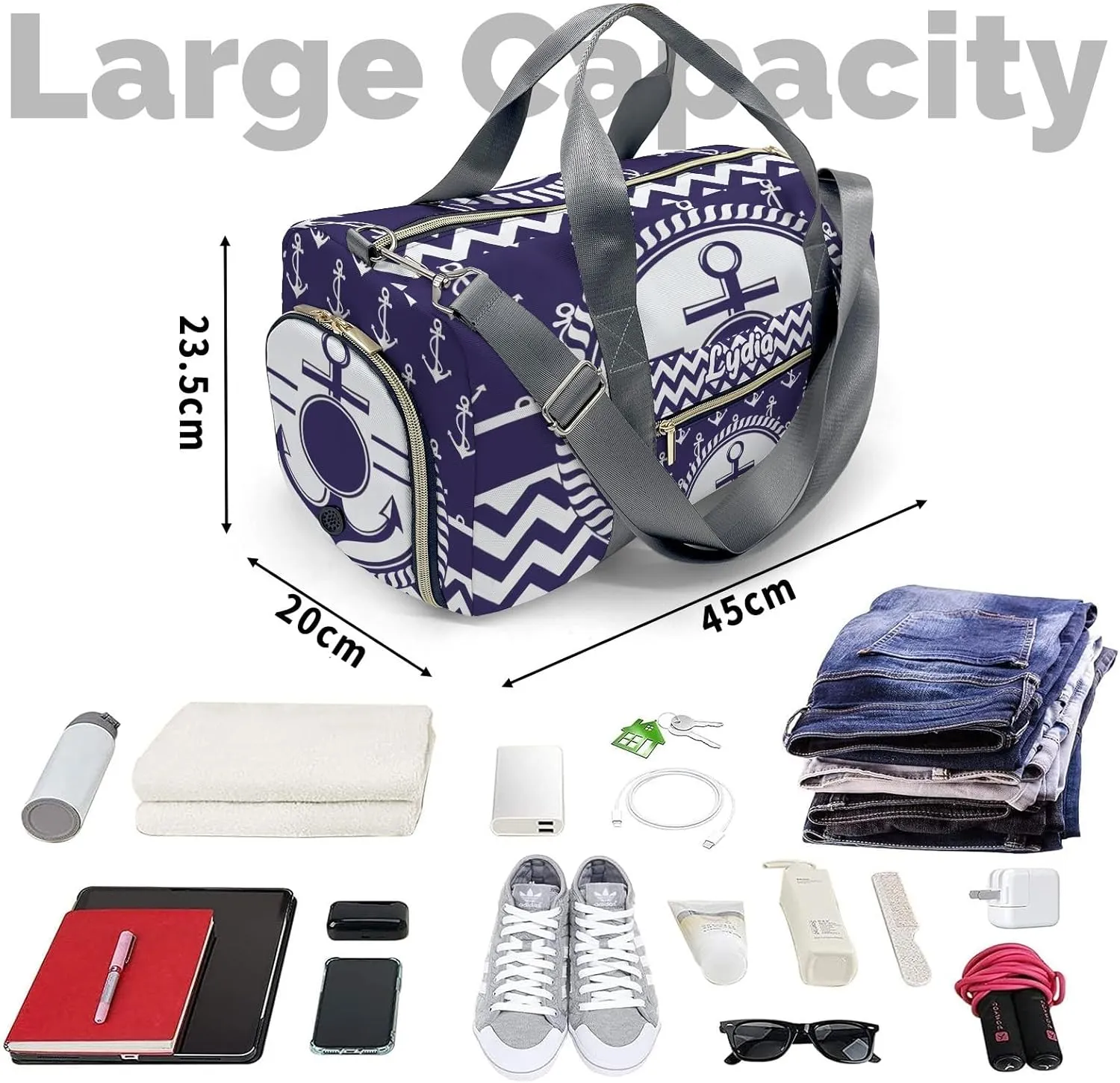 Personalized Nautical Boat Anchor Chevron Custom Multi-functional Travel Bag, Unisex Portable Duffel Bag, Short Distance Travel Assistant