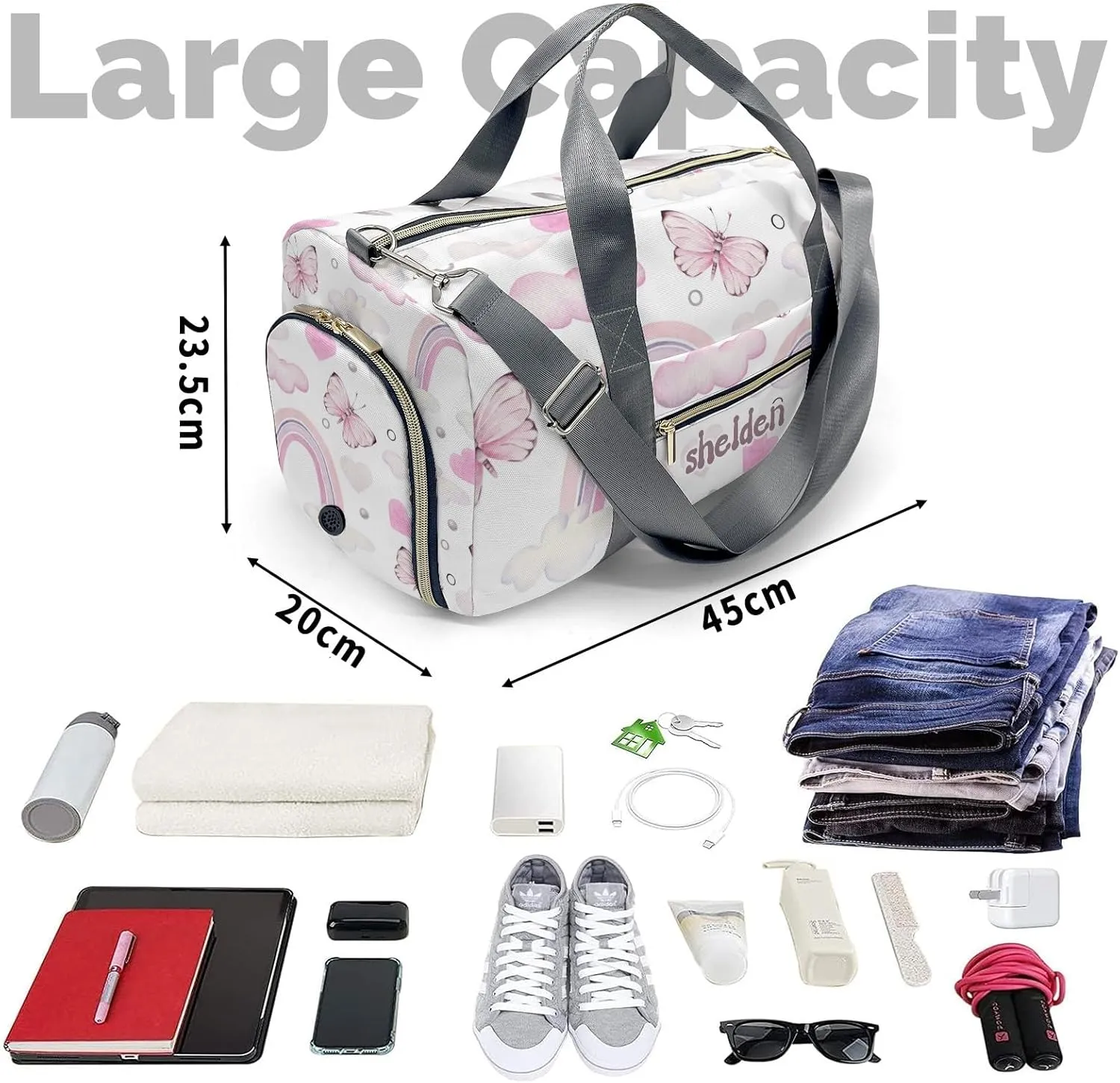 Personalized Rainbow Butterfly Cloud Heart Custom Multi-functional Travel Bag, Unisex Portable Duffel Bag, Short Distance Travel Assistant