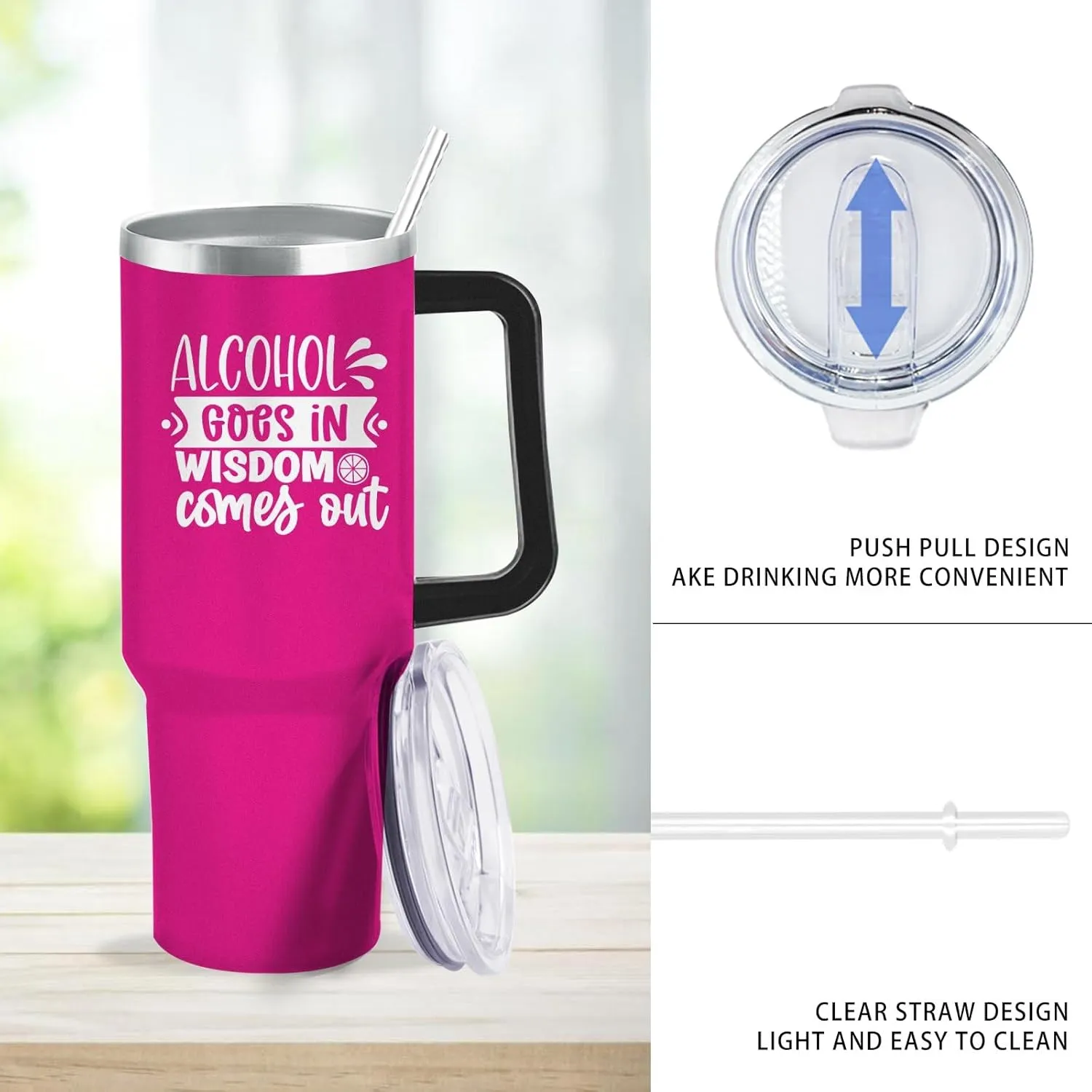 Personalized Tumbler Alcohol goes in wisdom comes out Tumbler 40oz Tumbler with Handle Insulated for Hot and Cold Tumbler with Lids and Straws for Teacher