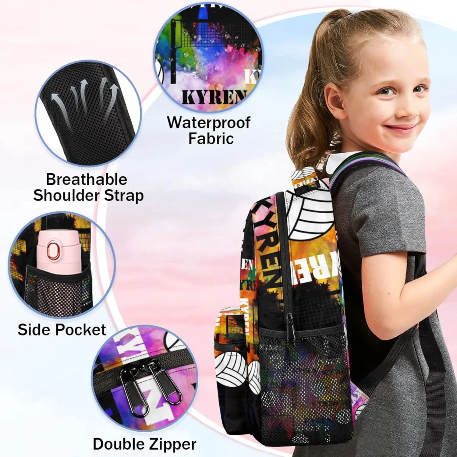 Personalized Volleyball Backpack with Name, Custom Sports Bag Backpack for Men Women, Laptop Daypack for Travel Camping Hiking, Black Colorful