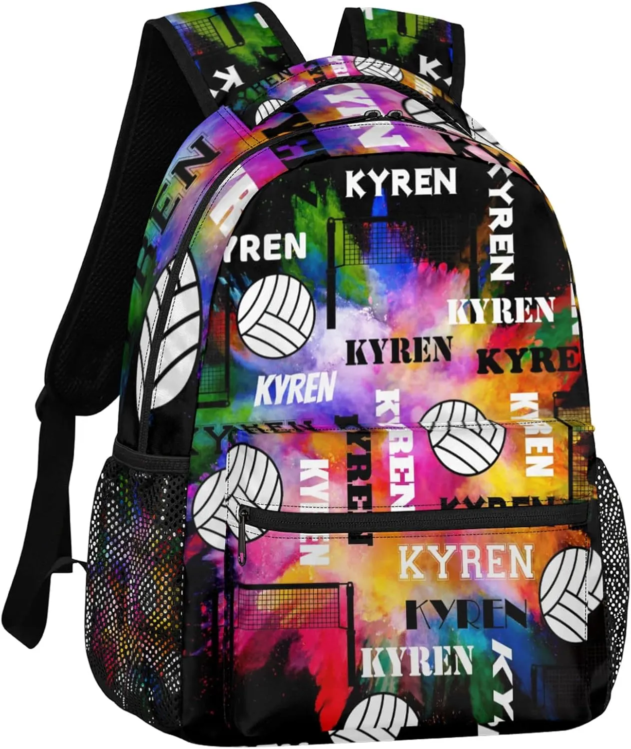 Personalized Volleyball Backpack with Name, Custom Sports Bag Backpack for Men Women, Laptop Daypack for Travel Camping Hiking, Black Colorful