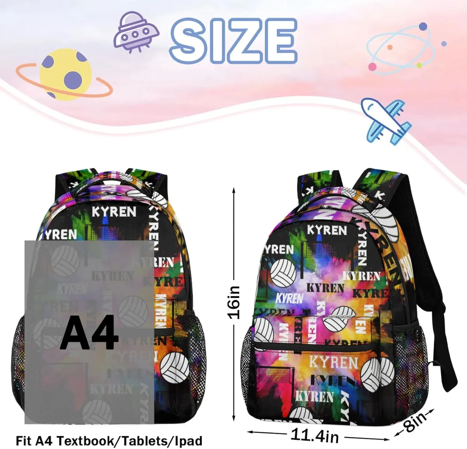 Personalized Volleyball Backpack with Name, Custom Sports Bag Backpack for Men Women, Laptop Daypack for Travel Camping Hiking, Black Colorful