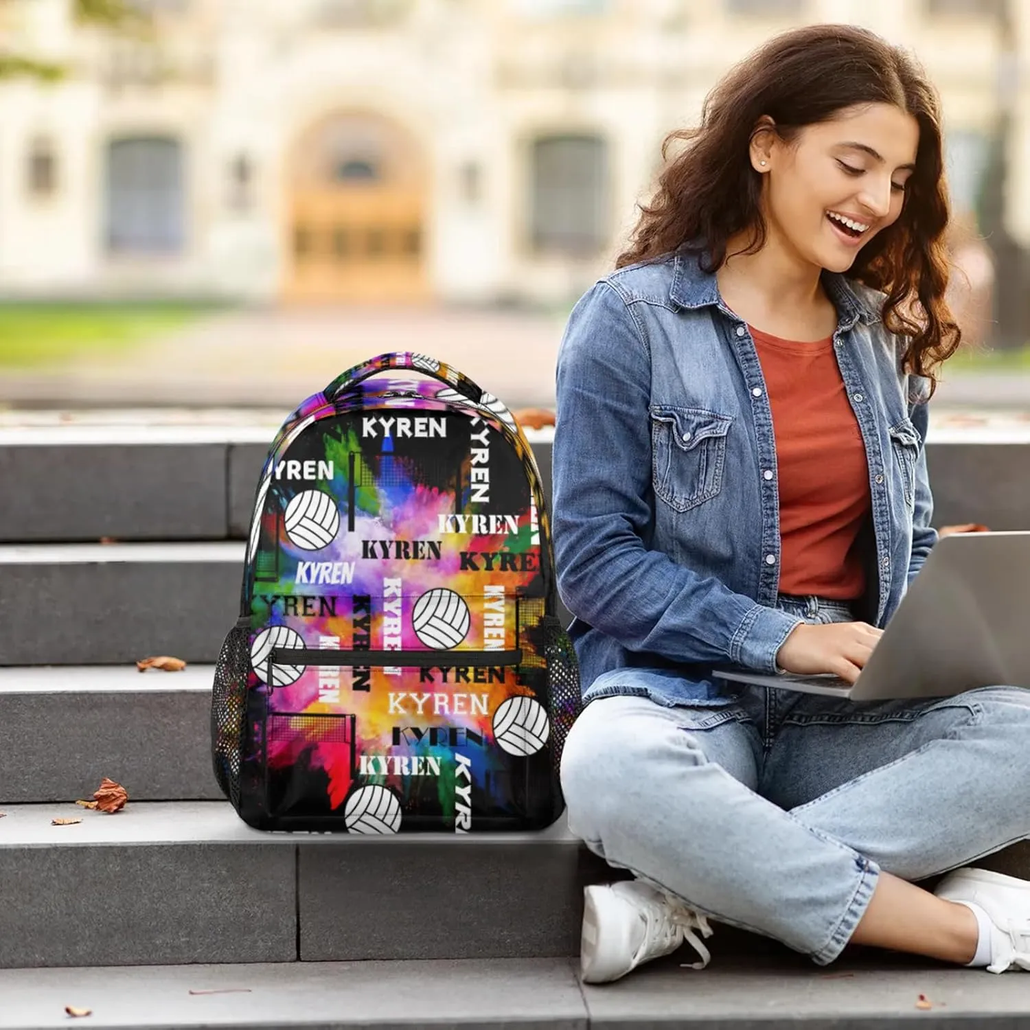 Personalized Volleyball Backpack with Name, Custom Sports Bag Backpack for Men Women, Laptop Daypack for Travel Camping Hiking, Black Colorful