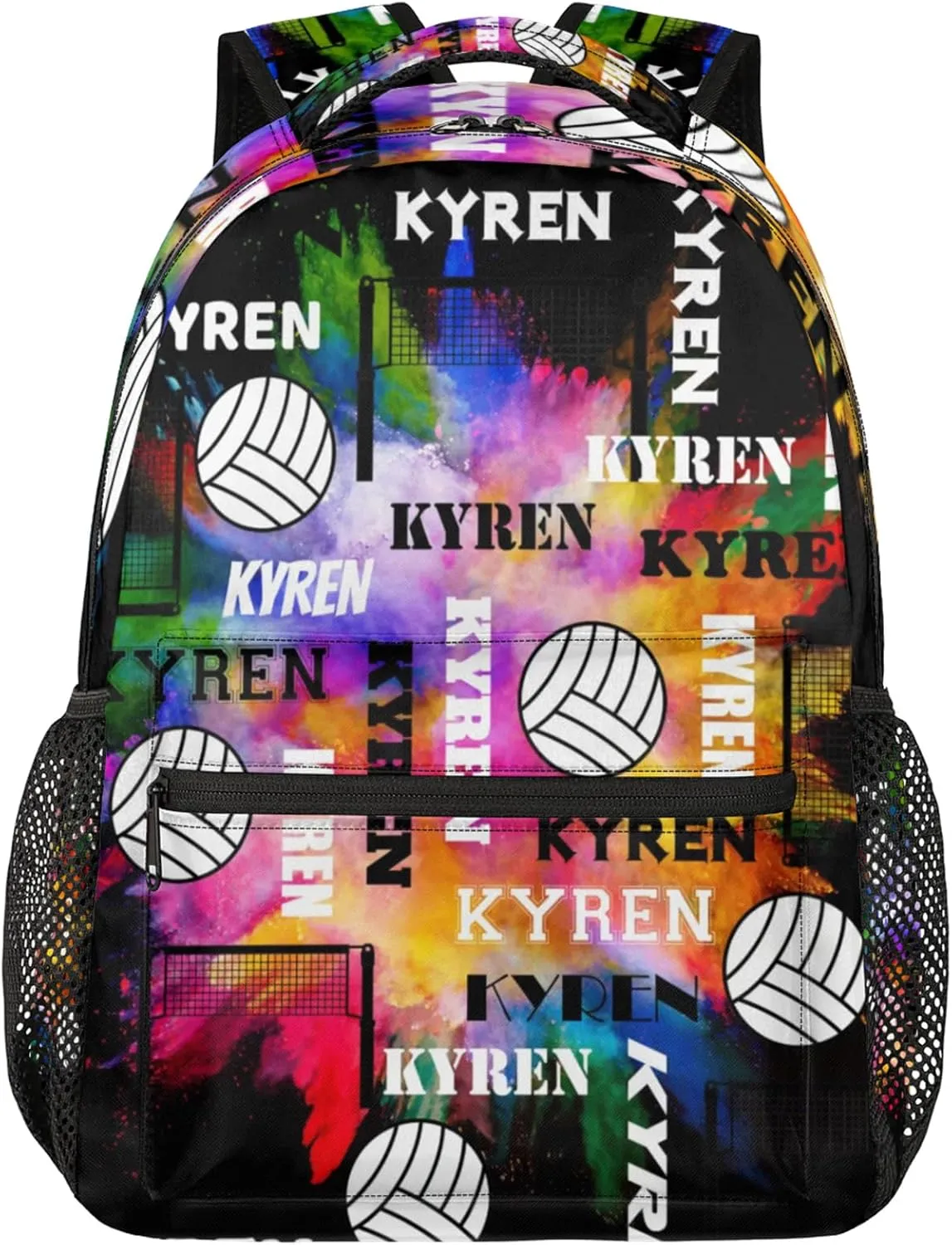 Personalized Volleyball Backpack with Name, Custom Sports Bag Backpack for Men Women, Laptop Daypack for Travel Camping Hiking, Black Colorful