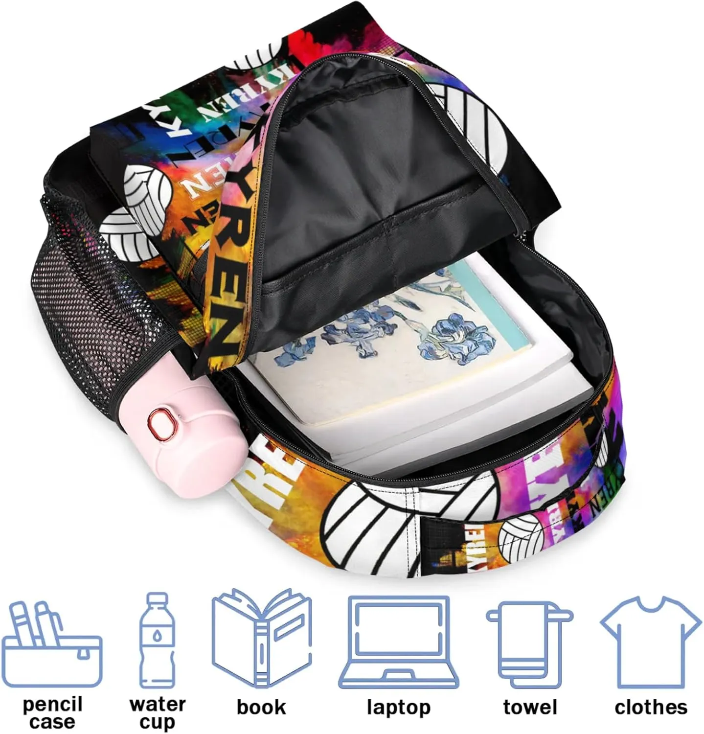 Personalized Volleyball Backpack with Name, Custom Sports Bag Backpack for Men Women, Laptop Daypack for Travel Camping Hiking, Black Colorful