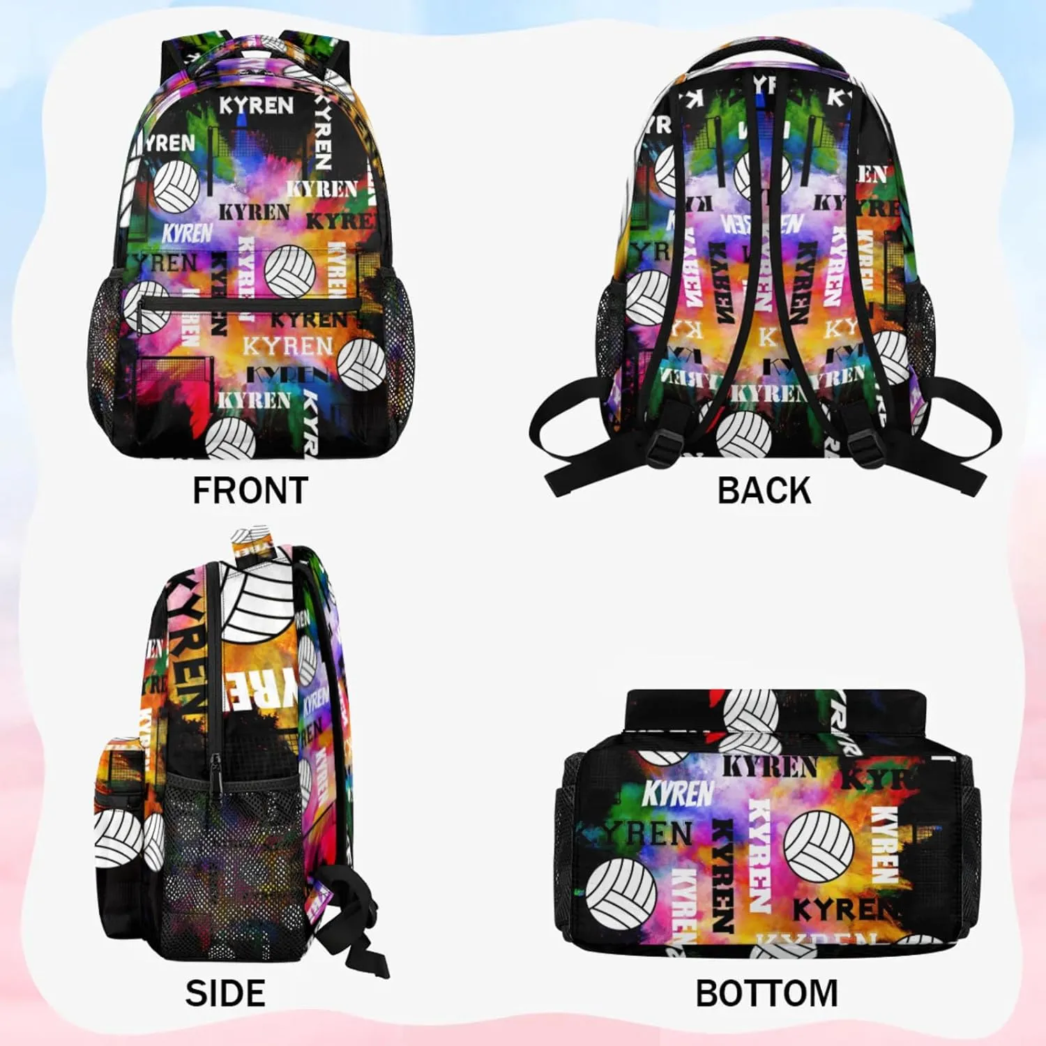 Personalized Volleyball Backpack with Name, Custom Sports Bag Backpack for Men Women, Laptop Daypack for Travel Camping Hiking, Black Colorful