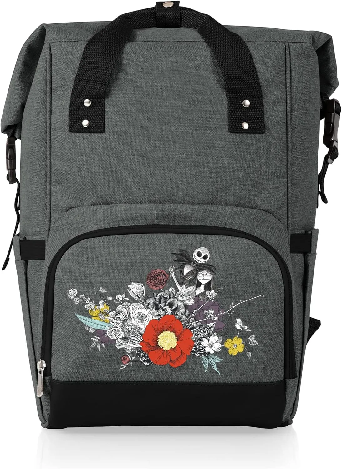 PICNIC TIME - Disney Nightmare Before Christmas Jack & Sally OTG Roll-Top Cooler Backpack, Hiking Backpack Cooler, Soft Cooler Bag, (Heathered Gray)