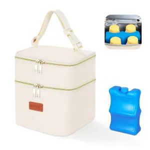 PIIOSER Breast Milk Storage Cooler Bag with Ice Pack, Fits 4 Baby Bottles Up to 5 Ounce, Small Insulated Breastmilk Cooler Travel Bag with Handle Buckle for Nursing & Working Mom Daycare(Cream-XS-1)