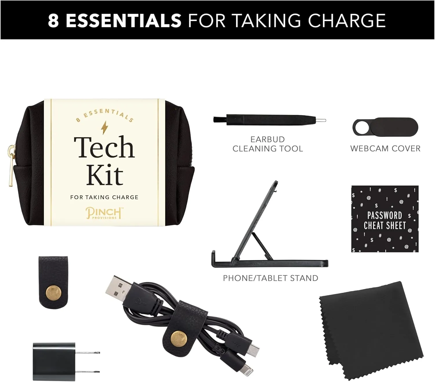 Pinch Provisions Mid-Size Tech Kit, Includes 8 Professional Technology Essentials, Perfect for Remote Work, Personal Office Accessories, & Gifting at Work (Black)