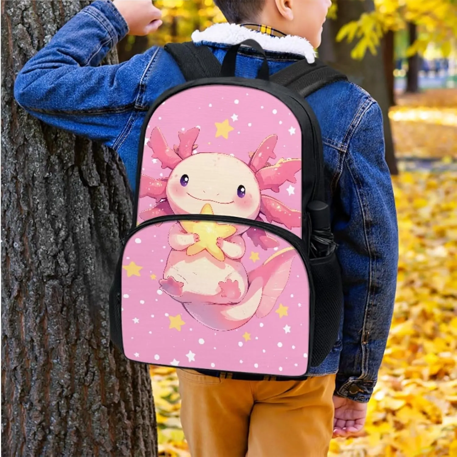 Pink Axolotl 3Pc Backpack Set for Girls Multi-Functional Adjustable Straps Crossbody School Bag Grease Proofing Recycle Food Bag for Travel Work Office Climbing School