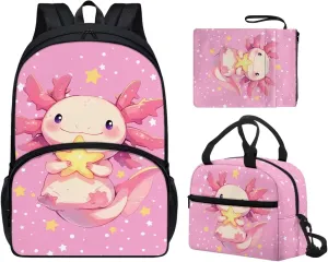 Pink Axolotl 3Pc Backpack Set for Girls Multi-Functional Adjustable Straps Crossbody School Bag Grease Proofing Recycle Food Bag for Travel Work Office Climbing School
