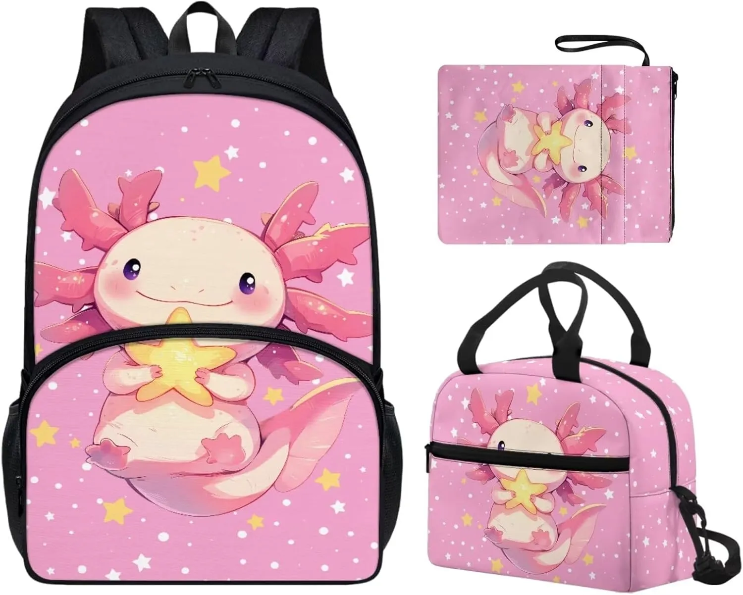 Pink Axolotl 3Pc Backpack Set for Girls Multi-Functional Adjustable Straps Crossbody School Bag Grease Proofing Recycle Food Bag for Travel Work Office Climbing School