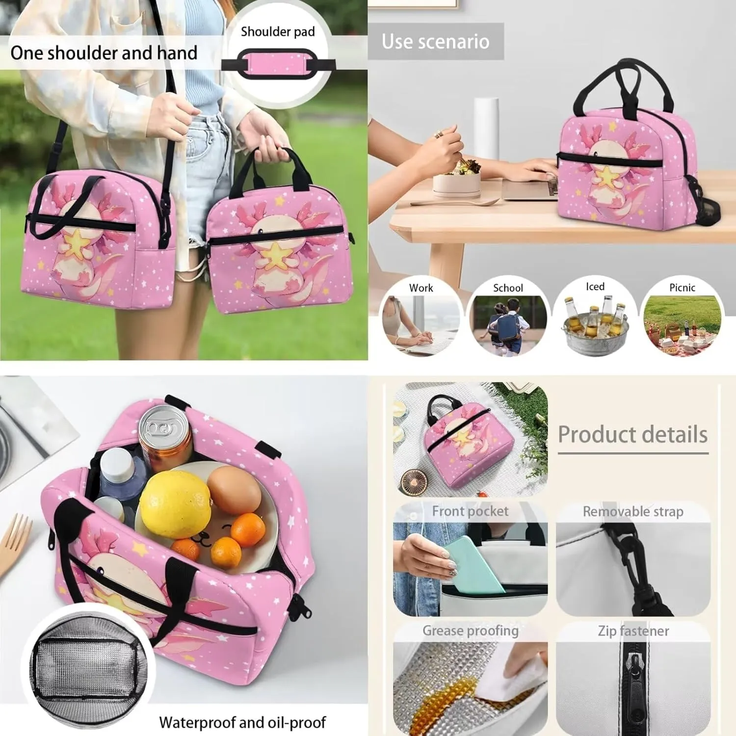 Pink Axolotl 3Pc Backpack Set for Girls Multi-Functional Adjustable Straps Crossbody School Bag Grease Proofing Recycle Food Bag for Travel Work Office Climbing School