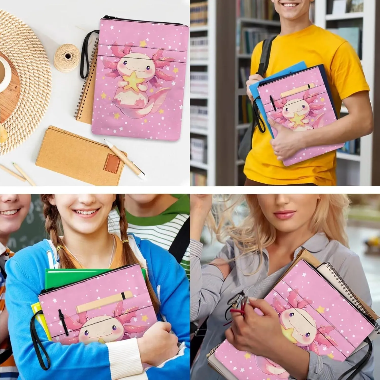 Pink Axolotl 3Pc Backpack Set for Girls Multi-Functional Adjustable Straps Crossbody School Bag Grease Proofing Recycle Food Bag for Travel Work Office Climbing School