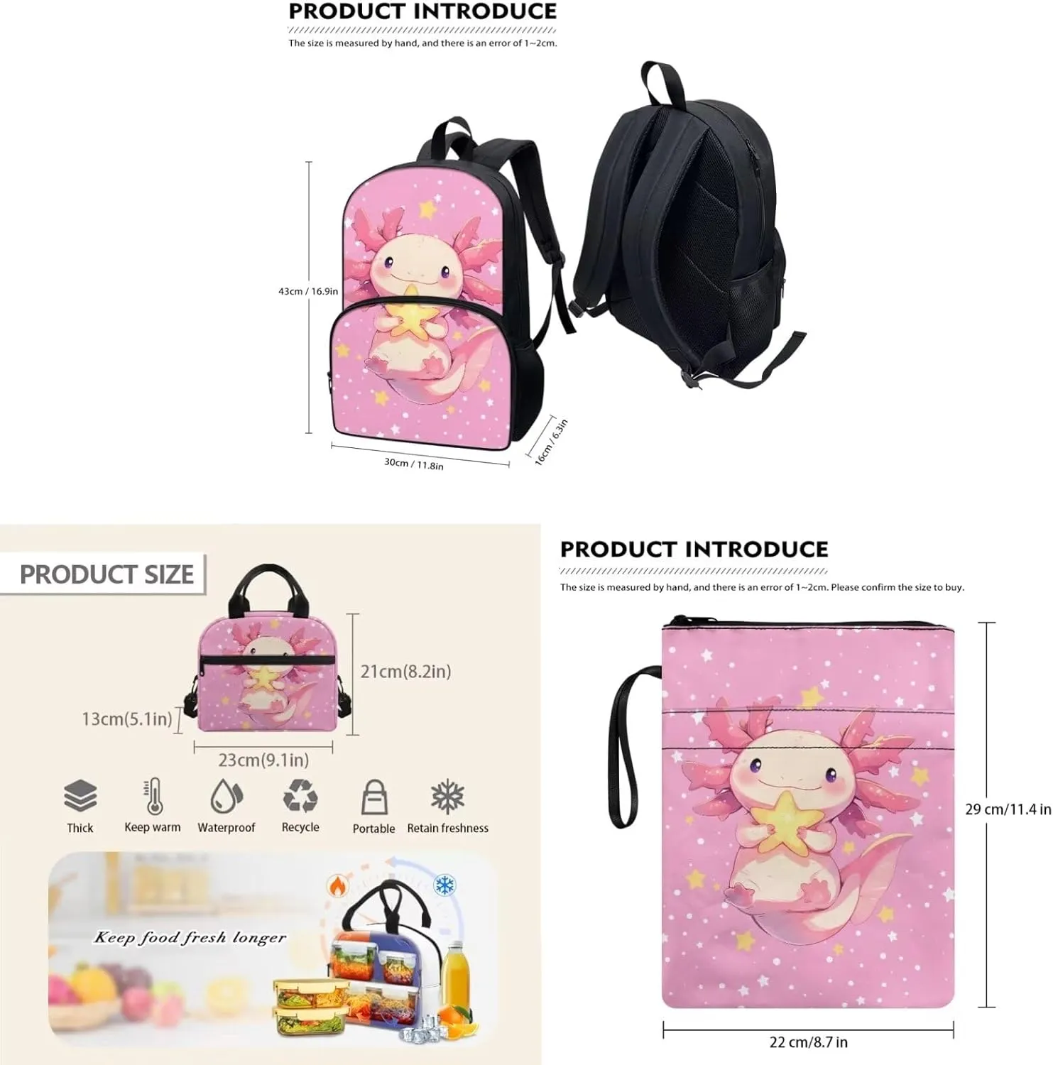 Pink Axolotl 3Pc Backpack Set for Girls Multi-Functional Adjustable Straps Crossbody School Bag Grease Proofing Recycle Food Bag for Travel Work Office Climbing School