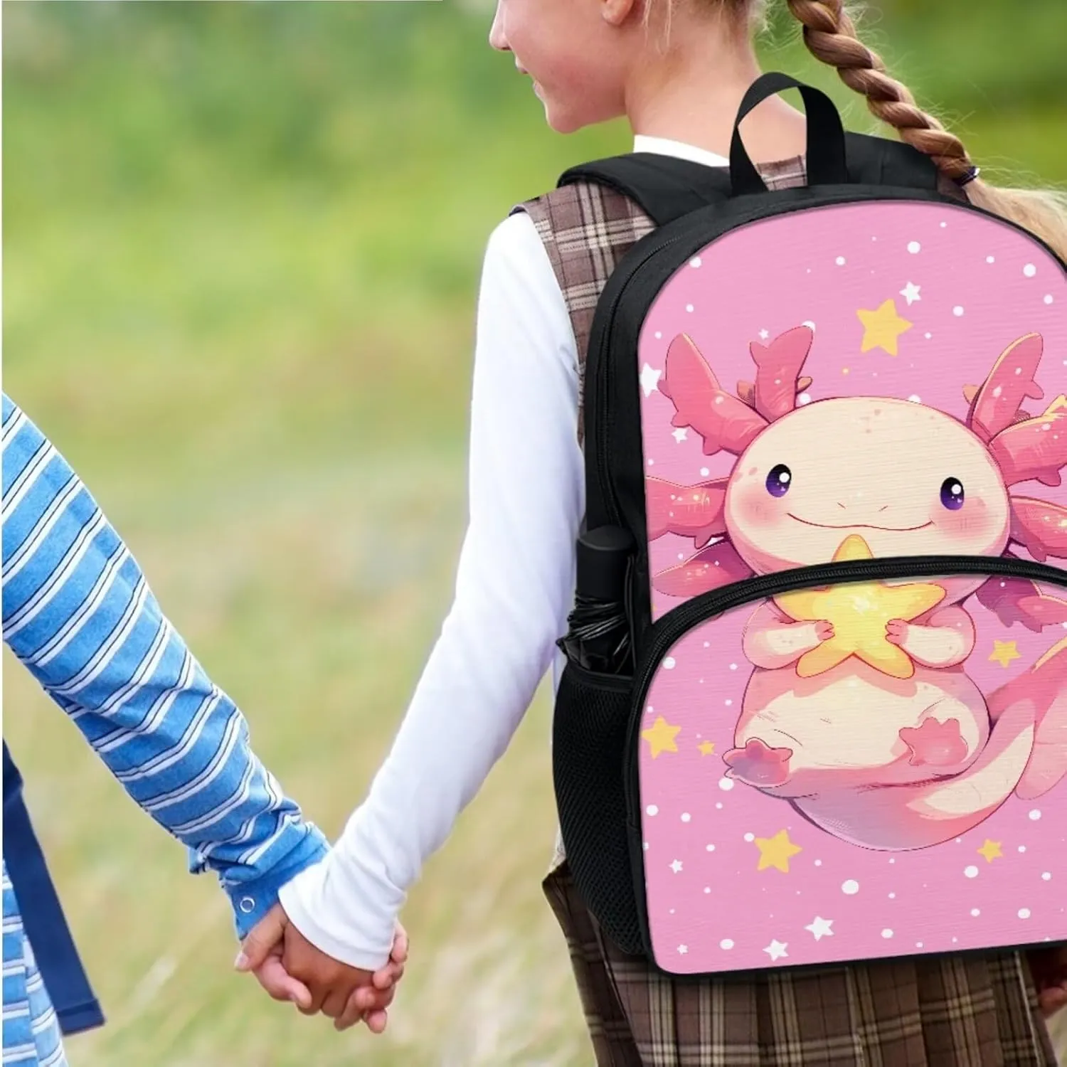Pink Axolotl 3Pc Backpack Set for Girls Multi-Functional Adjustable Straps Crossbody School Bag Grease Proofing Recycle Food Bag for Travel Work Office Climbing School