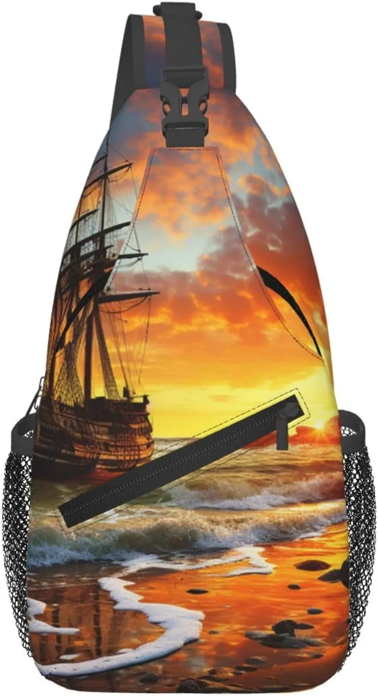 Pirate ship in the sunset Cross Chest Bag Diagonally Sling Backpack Outdoor Travel Cycling Bag for Men Women