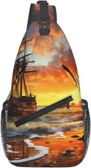 Pirate ship in the sunset Cross Chest Bag Diagonally Sling Backpack Outdoor Travel Cycling Bag for Men Women