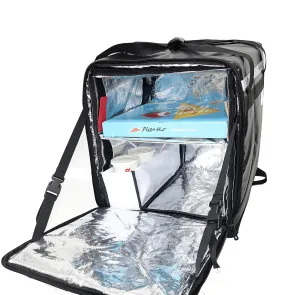 PK-76F: Large Doubledeck Insulated Pizza/Food Delivery Backpack, 16"x 15"x 18", with Divider, Cup Holder. Waterproof Thermal Food Take-Out Box, Keep Hot/Cold, 76Liters (Black)