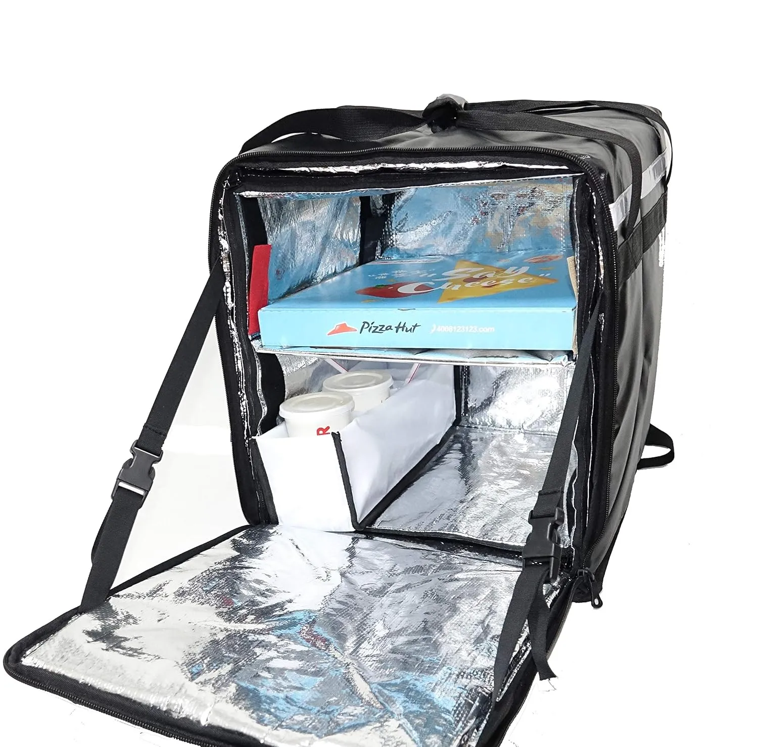 PK-76F: Large Doubledeck Insulated Pizza/Food Delivery Backpack, 16"x 15"x 18", with Divider, Cup Holder. Waterproof Thermal Food Take-Out Box, Keep Hot/Cold, 76Liters (Black)