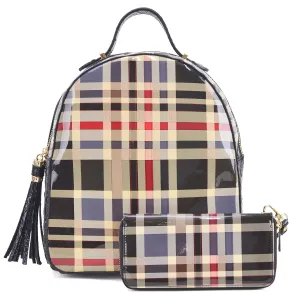 Plaid Design Patent Leather Backpack with Matching wallet
