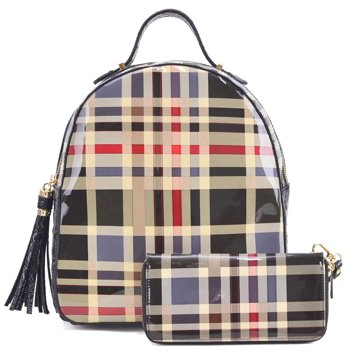 Plaid Design Patent Leather Backpack with Matching wallet