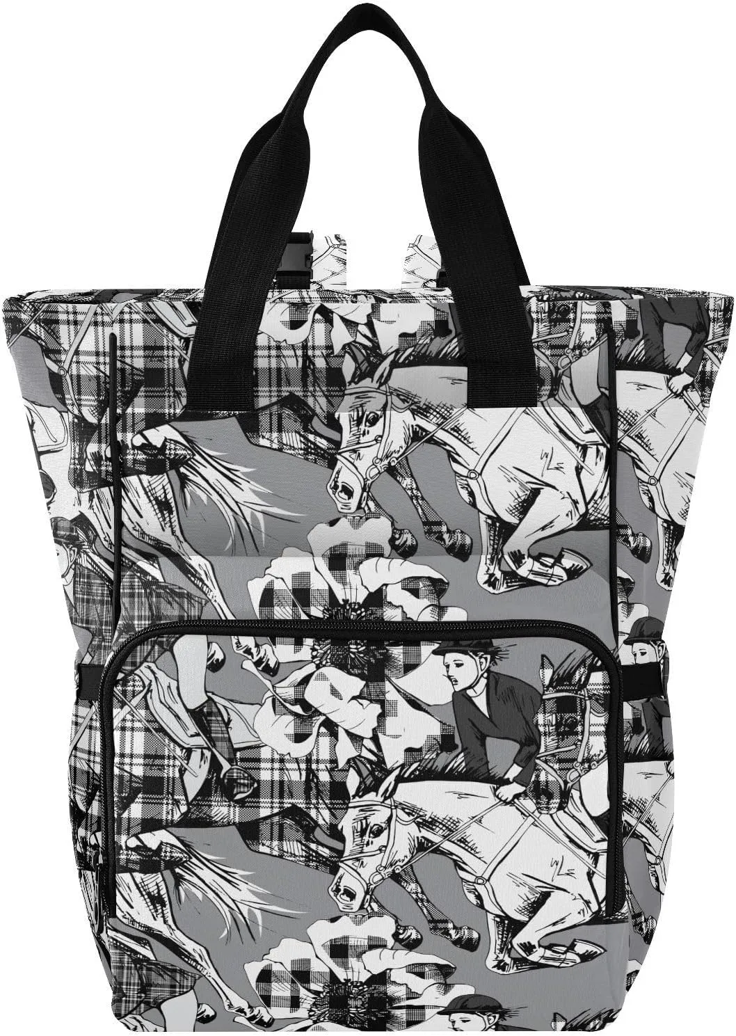 Plaid Horse Race Diaper Bag Backpack Multifunction Baby Bag with Stroller Straps Large Tote with Insulated Pockets for Baby Girls Boys Stuff Travel Essentials